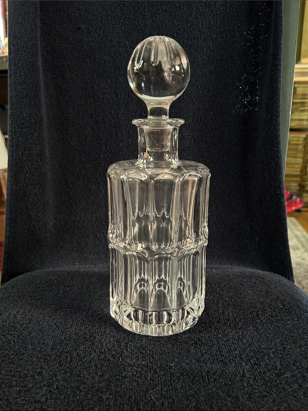 MCM Vintage Round Vertically Fluted Ribbing Crystal Decanter w Crystal Stopper
